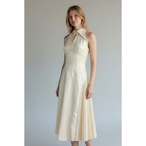 Anette Cream Halter Midi Dress Pleated Skirt Asymmetrical Formal Wedding Size 4